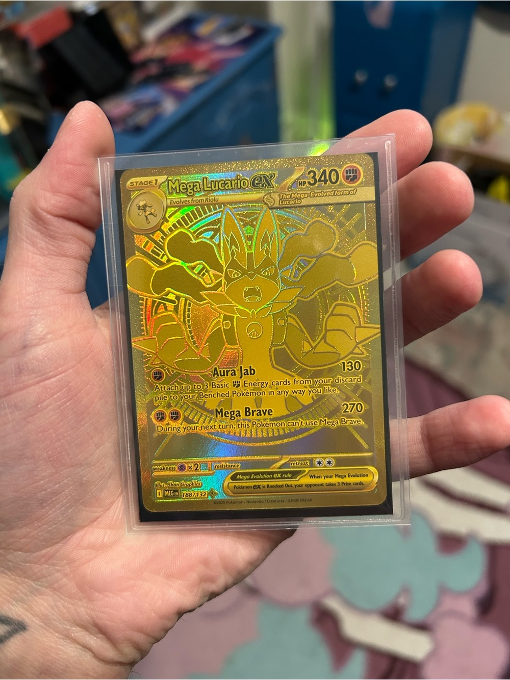 Pokemon Gold Mega Lucario EX Holographic Trading Card